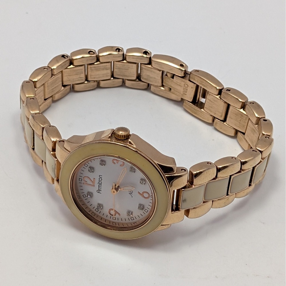 Armitron Now Womens Rose Gold Tone Cream Ceramic Bezel Watch 753896RG Untested